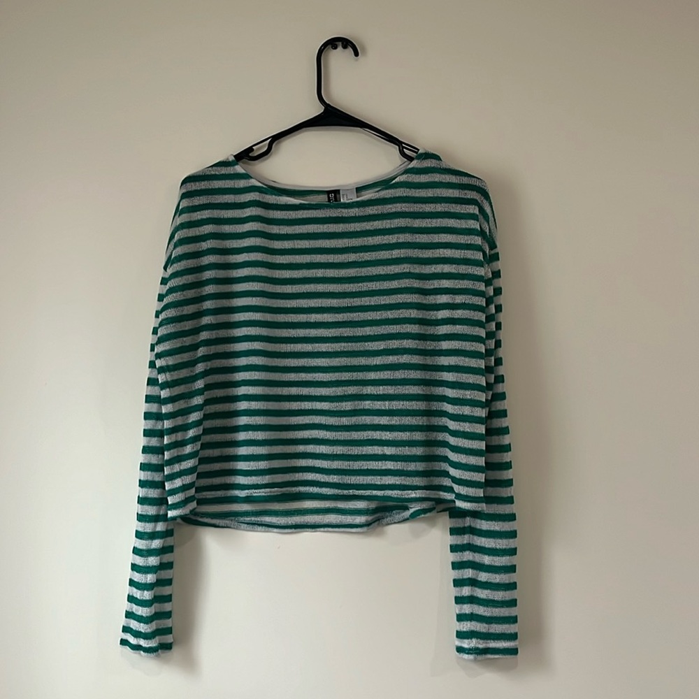 Green & White Sheer Knitted Longsleeve Top